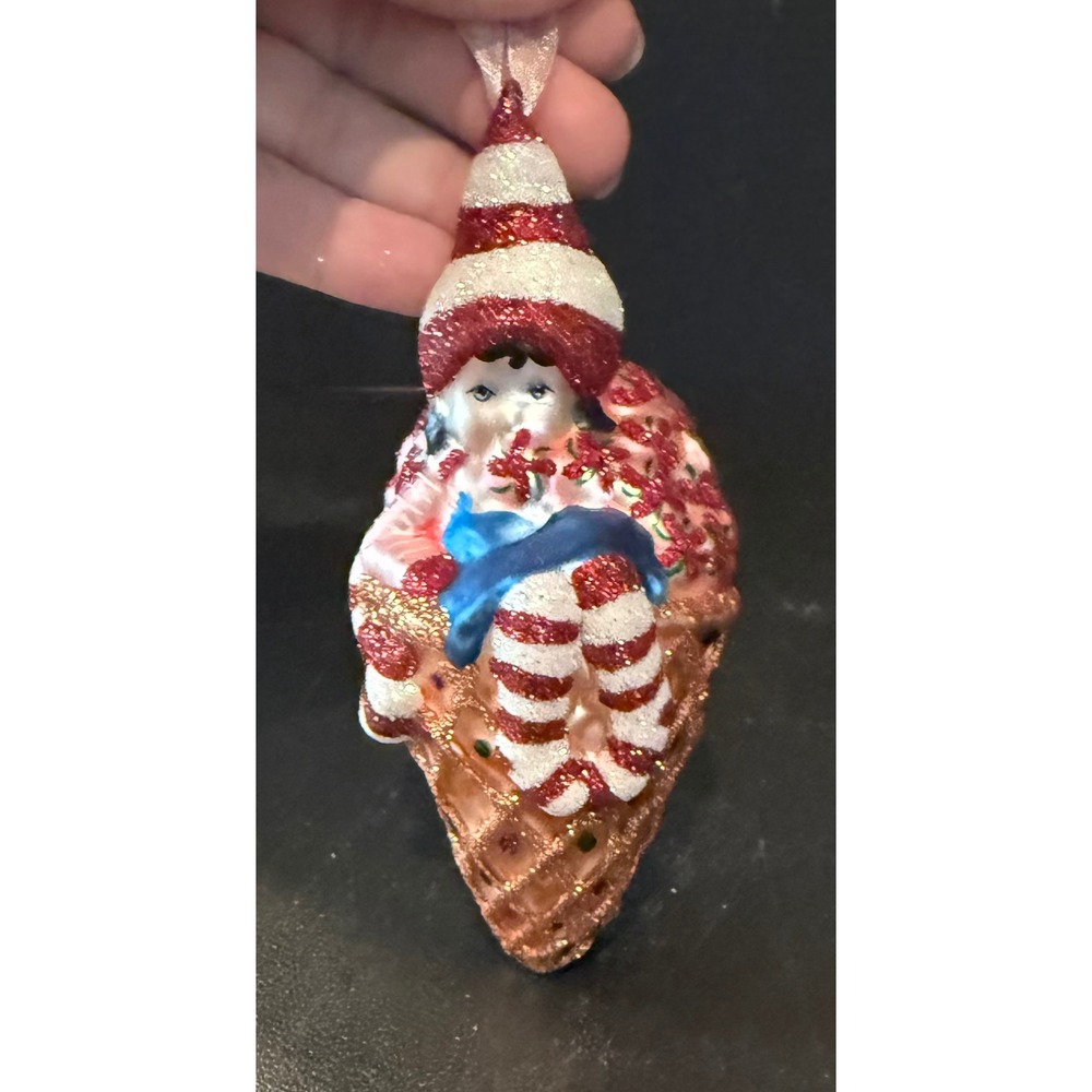 Christmas Holiday Ornament Girl in Ice Cream Waffle Cone Glitter Glass